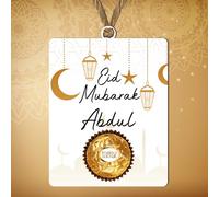 Pixie's Gifts Personalised Eid Mubarak Name Money Cash Note and Chocolate Holder Plaque - Custom wooden Arabic Gift for Eid Celebrations, and Special Islamic Gifting Occasions (White & Gold)