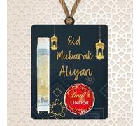 Pixie's Gifts Personalised Eid Mubarak Name Money Cash Note and Chocolate Holder Plaque - Custom wooden Arabic Gift for Eid Celebrations, and Special Islamic Gifting Occasions (Navy & Gold)