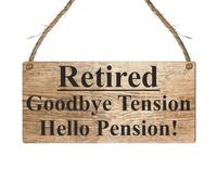 Pixie's Gifts Retired Goodbye Tension Hello Pension Wood Plaque - Funny Retirement Gift for Coworker or Colleague - Novelty Desk Sign for Office (Medium: 24 cm (W) × 11 cm (H))