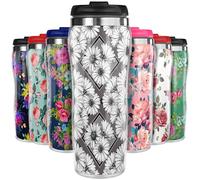 Pixly® Black and White Flowers Thermal Travel Mug Coffee Tea Flask, 400ml/14oz Capacity, Flower, Floral Pattern - Monochrome Print