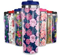 Pixly® Floral Pattern Thermal Travel Mug Coffee Tea Flask, 400ml/14oz Capacity, Flowers, Roses, Tropical Plants, Gift Idea for Mother's Day Mum Wife Girlfriend Her (Dahlia Enchantment)