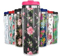 Pixly® Floral Pattern Thermal Travel Mug Coffee Tea Flask, 400ml/14oz Capacity, Flowers, Roses, Tropical Plants, Gift Idea for Mother's Day Mum Wife Girlfriend Her (Enchanted Garden)
