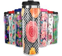 Pixly® Geometric Flowers Thermal Travel Mug Coffee Tea Flask, 400ml/14oz Capacity, Flower, Floral Pattern - Geometric Flora
