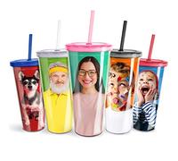 Pixly® Personalised Custom Photo Tumbler with Lid & Straw Re-usable Double Wall BPA Free Plastic Drink Cup | 450ml / 650ml Capacity | Clear, Black, Red, Blue, Pink (Large)
