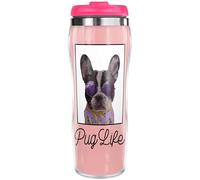 Pixly® Pug Life Thermal Travel Mug Coffee Tea Flask, 400ml/14oz Capacity, Pug Dog Funny Joke Fun Gift for Friend Wife Girlfriend Her, Pink
