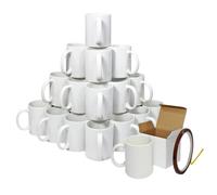 Blank Sublimation Mugs 36 Pack White Ceramic Polymer Coated 11oz Large AAA Grade Cup With Handle & Presentation Gift Boxes & Heat Tape Roll 22m Long x 0.5cm Wide Tea Coffee Microwave Dishwasher Safe