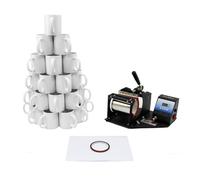 PixMax Mug Press Machine & 72x 11oz White Blank Sublimation Mugs For Heat Transfer Designs Black