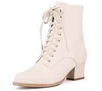 Pixoecuty Beige Short Ankle Boots Lace Up for Women Side Zipper Victorian Booties Block Chunky Mid Heel Beige ASIAN 38