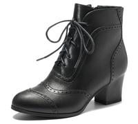 Pixoecuty Black Short Ankle Boots Lace Up Booties for Women Side Zipper Victorian Boots Block Chunky Mid Heel, Black, 5 UK