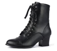 Pixoecuty Black Short Ankle Boots Lace Up for Women Side Zipper Victorian Booties Block Chunky Mid Heel Black ASIAN 41