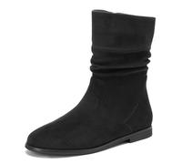 Pixoecuty Black Slouch Ankle Boots For Women Wide Calf Booties For Women Low Heel Flats Mid Calf Zipper, Suedeblack, 3 UK