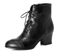 Pixoecuty Short Ankle Boots Lace Up Booties for Women Side Zipper Victorian Boots Block Chunky Mid Heel, Black, 8.5 UK