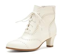 Pixoecuty Short Ankle Boots Lace Up Booties for Women Side Zipper Victorian Boots Block Chunky Mid Heel, Beige, 3 UK
