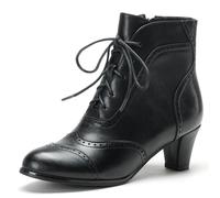 Pixoecuty Short Ankle Boots Lace Up Booties for Women Side Zipper Victorian Boots Block Chunky Mid Heel, Black-1, 2 UK
