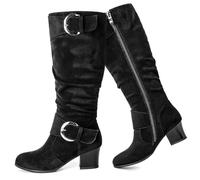 Pixoecuty Wide Calf Riding Boots Women Knee High Slouch Round Toe Buckle Victorian Tall Boots Block Mid Heel Knee-High Boots, Suedeblack, 9.5 UK