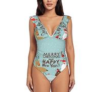 PIXOLE Merry Christmas and Happy New Year Print Women One Piece Swimsuits Tummy Control Bathing Suit Ruffle V Neck Swimwear Slimming