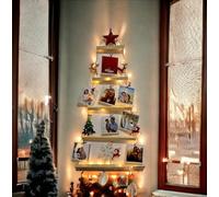 PIXOMIXO Christmas Wooden Ladder Tree - Space Saving Wall Tree - Hanging Christmas Wall Decor, Twig Christmas Decorations with 5 Tiers with 12 pcs Felt Ornaments, Fairy Lights