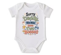 PIXPRINT Baby Bodysuit Short Sleeve - Soft Stretch Cotton with Popper Fastenings, Humorous 'Sorry Daddy You Now Have Two Bosses' Colourful Illustration for Newborns and Proud Parents - Boys