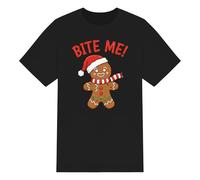 PIXPRINT Gingerbread Christmas T-Shirt - 100 Percent Cotton 'Bite Me' Novelty Graphic Tee - Unisex Crew Neck Black