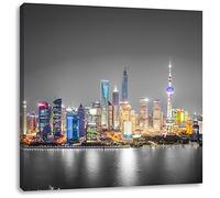 Pixxprint Shanghai skyline at night 60x60 cm canvas print decoration, wall picture, ready stretched, art print