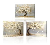 PIY PAINITNG Plant Canvas Wall Art, Ancient Trees Decorative Paintings, White Flower Art Poster, Easy To Hang For Bedroom Living Room Cafe Yoga Studio, 3x23x16 inch/69x16 inch,Built-in Wood Frame