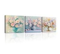 Piy Painting 3 Panel Canvas Wall Art Floral Bouquet In Vase, Colorful Flower Canvas Painting, Wall Picture Stretched Ready To Hang, Home Decor For Living Room Bedroom Office (12x12 in)