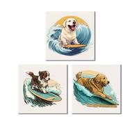 Piy Painting 3 Panel Surfing Dog Pictures Print on Canvas, Cute Puppy Animal Canvas Painting Wall Art Print for Home Wall Decorations for Birthday Gift, with Inner Wood Frame (12x12IN)
