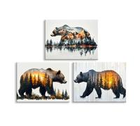 Piy Painting 3 Panels Framed Canvas Wall Art Animals and Nature Pictures for Living Room Modern Abstract Artwork Bear Forest Decorative Canvas Paintings for Bathroom Bedroom Ready to Hang(16×12inch)