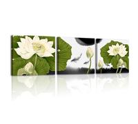Piy Painting 3 Panels Natural Water-Lily Flower Framed Wall Art For Living Room Green Lotuses Leaf Wall Pictures Bedroom Home Decor Artwork Decorative Canvas Paintings For Bathroom Office(12×12 inch)