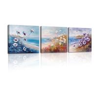 Piy Painting 3 Pcs Aesthetic Framed Wall Art Seacoast and Floral Canvas Pictures For Wall Decor Canvas Prints Artwork Colorful Flowers Decorative Paintings for Living Room Bedroom Office 12×12 inch