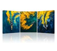 Piy Painting 3pcs Canvas Painitng of Oceans, Blue Yellow Wall Art Prints, Boat in the Ocean Print on Canvas Art, Ready to Hang for Thanksgiving Day Birthday Gift with Built-in Frame, 36x16 inch