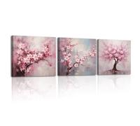Piy Painting 3Pieces Pretty Cherry Blossom Wall Art For Living Room Pink Floral Flowers Canvas Painting Prints Modern Pictures Artwork for Women Girl's Bedroom Decor Framed Ready To Hang,12×12 inch