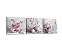 Piy Painting 3x Elegant Flower Canvas Wall Art Pink Peach Blossom Picture Painting on Canvas Framed Floral Canvas Art Print Decoration for Living room Yoga room Bathroom 12x12in
