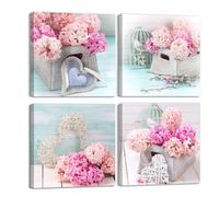 PIY PAINTING 4 Pieces Modern Romantic Heart Pattern Canvas Print Pink Flowers Painting on Canvas Framed Painting for Living Room Bedroom Gift 30 x 30 cm