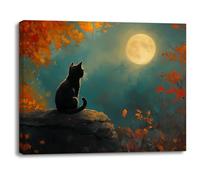 Piy Painting Animal Canvas Print, Black Kitten Canvas Wall Art, Kitten In The Moonlight, Wall Decoration Painting For Bedroom Entrance Hallway Cafe Bars, Easy To Hang, 12x16 Inch