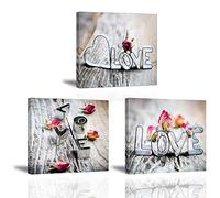 Piy Painting Canvas painting 3 Panel LOVE and Roses Prints on Canvas, Wall Art Pictures Rose Flowers Posters with Frame Image Ready Hanging Decor Arts for Living Room Bedroom Birthday Gift 30x30cm