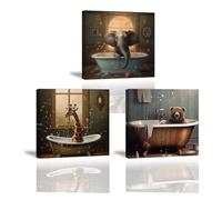Piy Painting Canvas Wall Art Animal, Giraffes Elephants and Bears Taking a Shower Wall Pictures, Animal Painting Print, Decoration Painting for Bathrooom Living Room with Wood Frame 12X12 inch