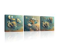 Piy Painting Canvas Wall Art Beautiful Flower and Butterfly Pictures Print on Canvas, Wall Decorations Photos for Bathroom Hotel Toilet Staircase, 3 Panel 12x12inch, Built-in Wooden Frame