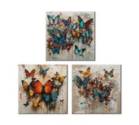 Piy Painting Canvas Wall Art for Home, Colourful Butterflies Pictures Artwork, Retro Style Wall Decor Paintings, Animal Canvas Print for Gallery Bedroom Staircase Wall, 3 piece 12x12inch (36x12inch)