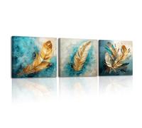 Piy Painting Canvas Wall Art Golden Feather Picture Print on Canvas Abstract Art Poster and Prints, Modern Artwork Painting Wall Art for living room Office Café Gallery Hallway Set of 3, 12x12inch