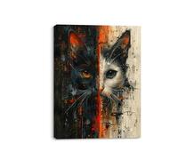 Piy Painting Canvas Wall Art of Animal Cat, Abstract Style of Wall Painting, Black White Red Wall Poster, Canvas Wall Decorations for Bedroom Living Room Dormitory Kitchen, with Frame (12x16 inch)