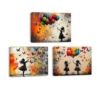 Piy Painting Colourful Canvas Painting, Canvas Wall Art, Two Little Girls Playing With Balloons, Framed Artwork Painting For Bedroom Hallway Cafe Yoga Studio Wall Decoration, 3 panel 12x16 inch