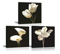 Piy Painting Flower Canvas Image, White Tulip Flower With Calla Lily Print on Canvas, Elegant Wall Art Picture, 3 Panel Repetition Ready Hanging Décor for Living Room Birthday Gift 30x30cm