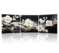Piy Painting Flower Canvas Wall Art, Black And White Canvas Art Print, White Flower Canvas Art Painting, Canvas Print Artwork, Easy To Hang For Bedroom Living Room Kitchen, 3x 12x12inch (36x12inch)