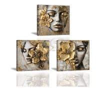Piy Painting Golden Canvas Print, Beautiful Women Canvas Wall Art, Flower Framed Artwork, Romantic Print Painting, Easy To Hang For Bedroom Hallway Cafe Yoga Studio, 3 Panel 12x12 inch