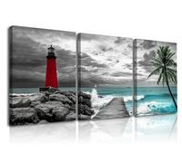 Piy Painting Red Lighthouse Canvas Painting, Landscape Wall Art, Seaside Canvas Print, Modern Art Posters For Living Room Office Entrance Hallway Cafe Decoration, Set Of 3, 12x16inch /36x16in