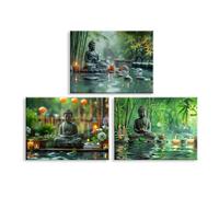 Piy Painting Religious Canvas Printing, Zen Temple Wall Art, Buddha Canvas Pictures, Wall Decoration Painting For Hallway Cafe Hotel Entrance, Built-In Frame, 3 Pieces 12x16inch (36x16inch)