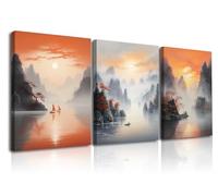 Piy Painting Wall Decoration Prints, Mountain River Landscape Picture Print on Canvas, Modern Art Posters Prints, Sun Scenery Canvas Wall Art for Living room Bedroom Office 3x 16x12inch Framed