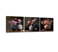 Piy Peach Blossom Painting Set of 3, Pink Flowers Canvas Prints Framed Pictures for Living Room, Bedroom, Kitchen - 12x12inch