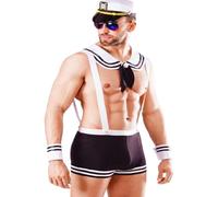 PIYAEIE Men’s Sexy Sailor Costume - Navy Captain Roleplay Outfit with Suspender Shorts, Collar, Cuffs & Hat - Nautical Theme Party, Halloween, Cosplay, Clubwear, Bachelor Party, Fun Uniform Set